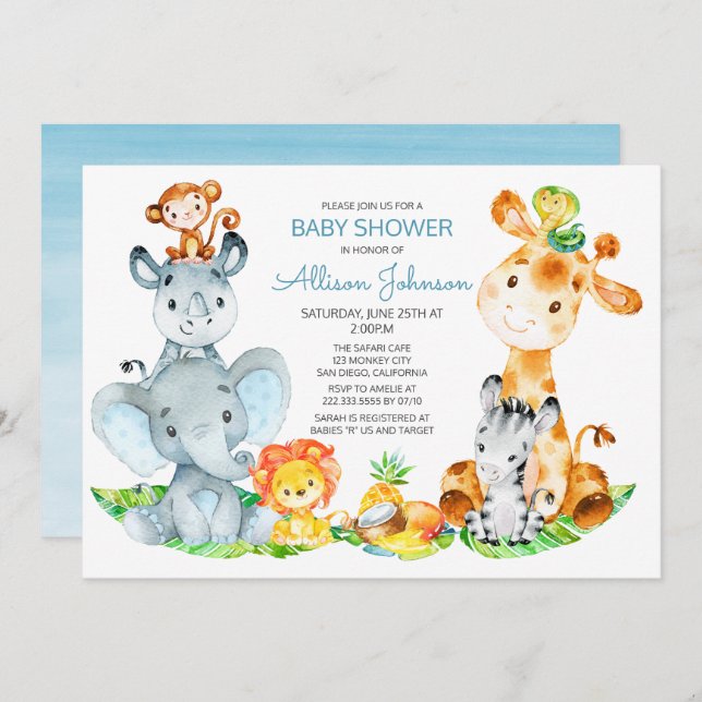 Watercolor Cute Safari Jungle Boy Shower Inbjudningar (Fram/baksida)