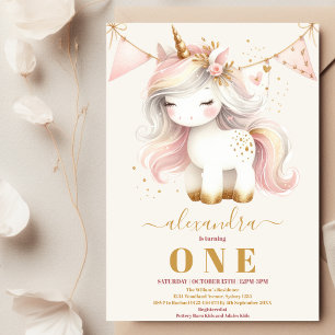 Watercolor Cute Unicorn lycklig 1:a födelsedag Inbjudningar