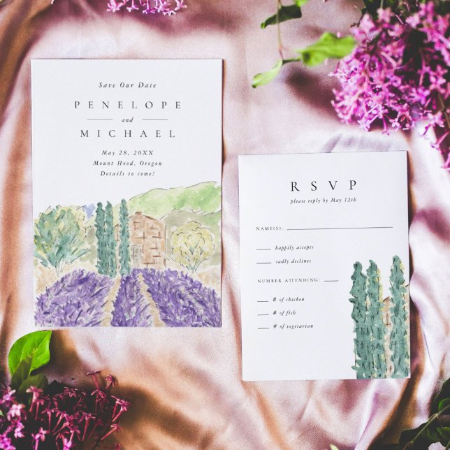 Watercolor Cypress Träd Bröllop OSA (Watercolor Lavender Fields destination wedding RSVP response card.)
