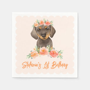 Watercolor Dachshund och Peach Flowers Birthday Pappersservett
