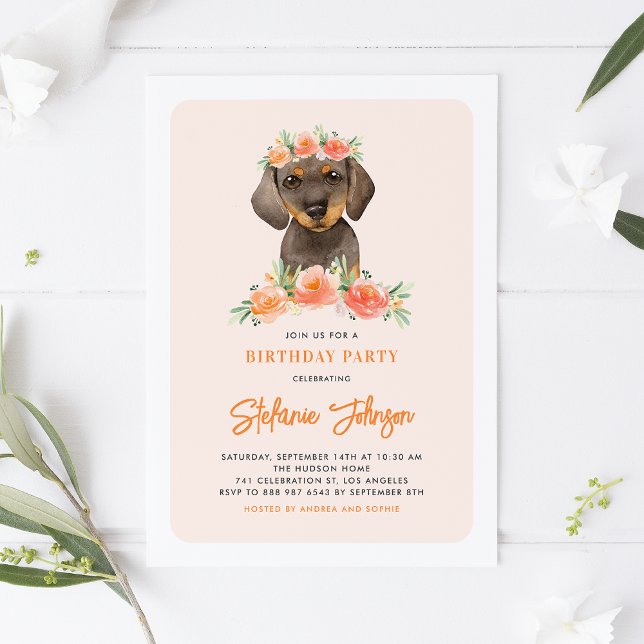 Watercolor Dachshund Peach Blommigts Hund Birthday Inbjudningar (Skapare uppladdad)