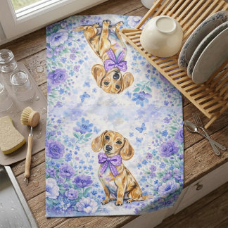 Watercolor Dachshund Purple Floral  Kökshandduk