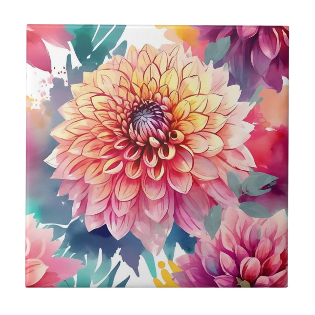 Watercolor Dahlia Summer Kakelplatta (Framsidan)