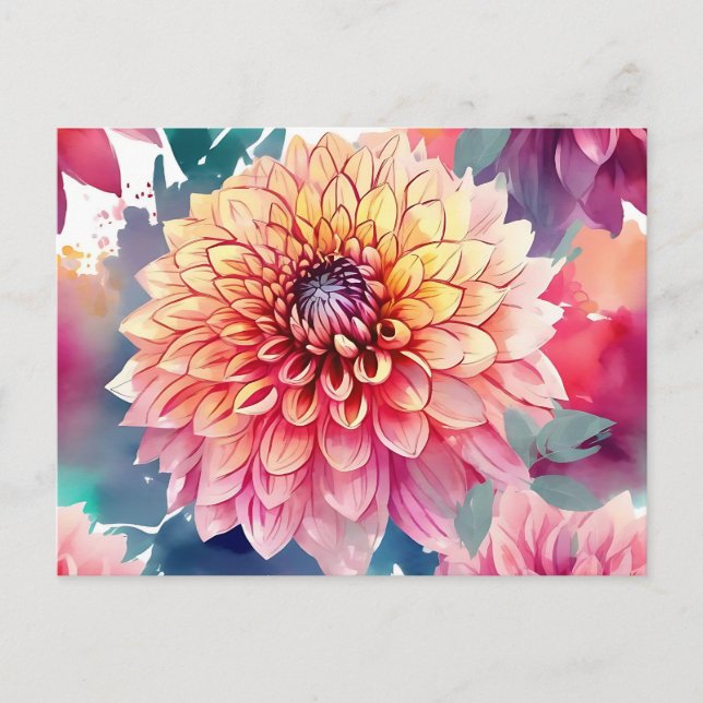 Watercolor Dahlia Summer Vykort (Framsida)