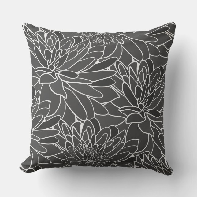 Watercolor Dahlias Grått Black White Kudde (Framsida)