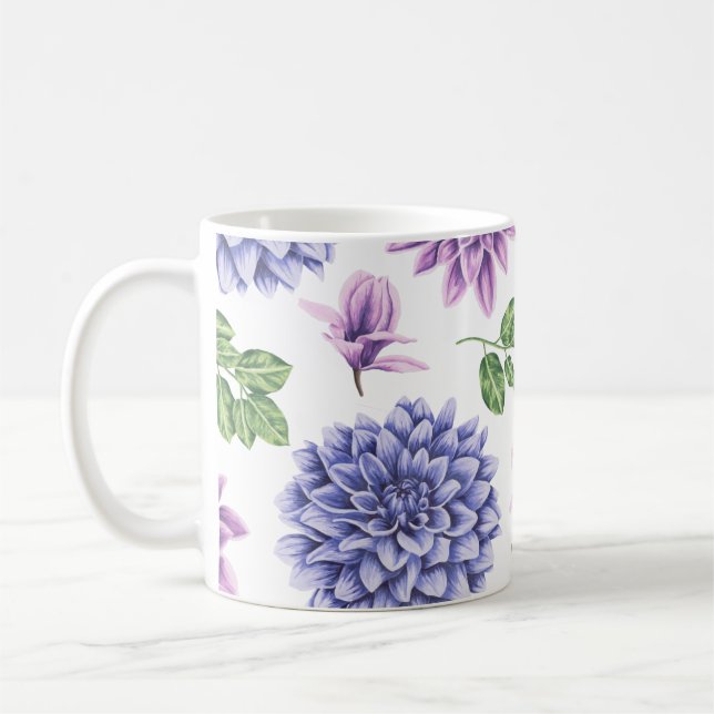 Watercolor Dahlias Lila Blue Kaffemugg (Vänster)