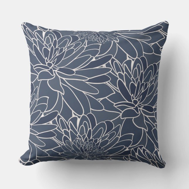 Watercolor Dahlias Navy White Kudde (Framsida)