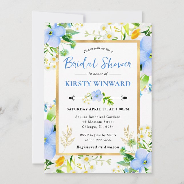 Watercolor Daisies and Blue Flowers Bridal Shower Inbjudningar (Framsida)