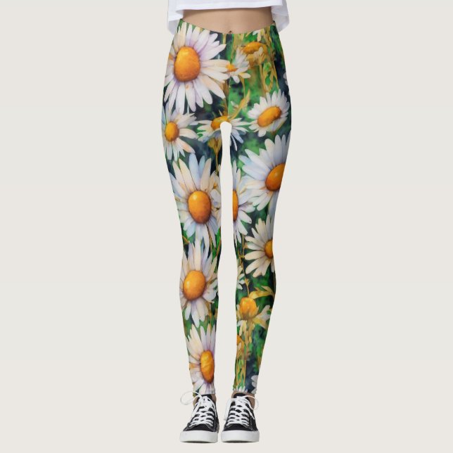 Watercolor Daisy Flowers Garden Leggings (Framsida)