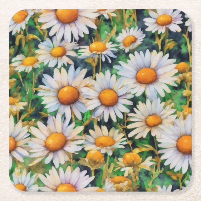 Watercolor Daisy Flowers Garden Underlägg Papper Kvadrat (Framsidan)