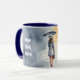 Watercolor Dam Rain med Umbrella Grått Dress Mugg