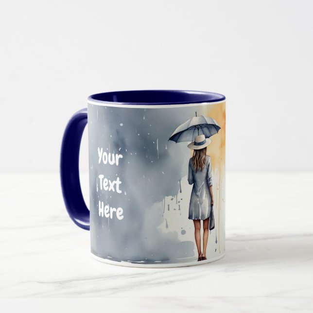 Watercolor Dam Rain med Umbrella Grått Dress Mugg (Framsida vänster)