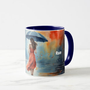 Watercolor Dam Rain with Parbrella, Red Dress Mugg