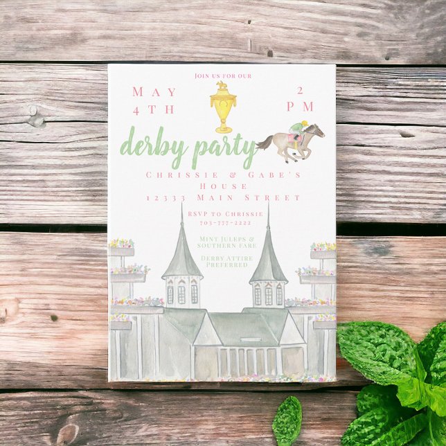 Watercolor Derby Party Jockey Byggnad Guld Trophy Inbjudningar (Skapare uppladdad)