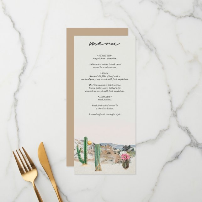 Watercolor Desert Cactus Boho Wedding Meny (Fram/Back In Situ)