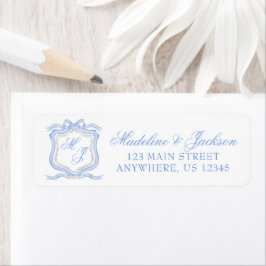 Watercolor Designer Blue Monogram Vapensköld Adres Returadress Etikett