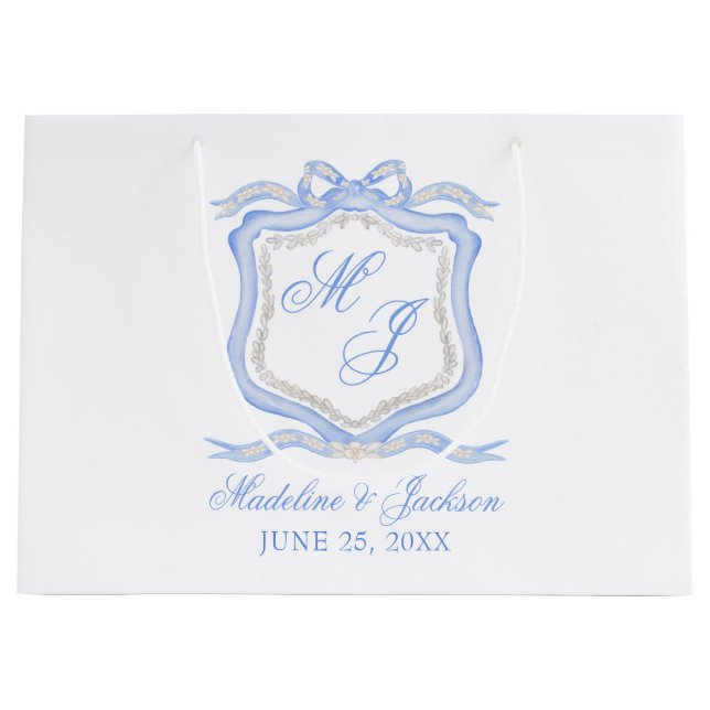 Watercolor Designer Blue Monogram Vapensköld Bröll (Framsidan)