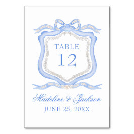 Watercolor Designer Blue Monogram Vapensköld Bröll Bordsnummer