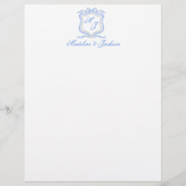 Watercolor Designer Blue Monogram Vapensköld Bröll Brevhuvud
