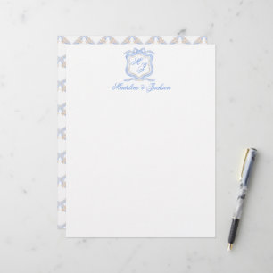 Watercolor Designer Blue Monogram Vapensköld Bröll Brevhuvud