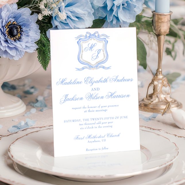 Watercolor Designer Blue Monogram Vapensköld Bröll Inbjudningar (Skapare uppladdad)