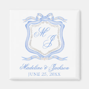 Watercolor Designer Blue Monogram Vapensköld Bröll Magnet
