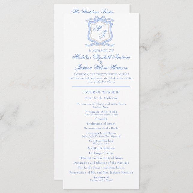 Watercolor Designer Blue Monogram Vapensköld Bröll Program (Fram/baksida)