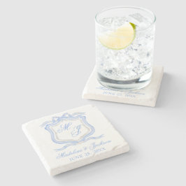 Watercolor Designer Blue Monogram Vapensköld Bröll Stenunderlägg