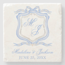 Watercolor Designer Blue Monogram Vapensköld Bröll Stenunderlägg