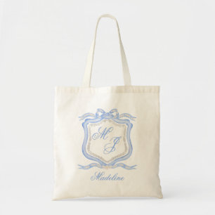 Watercolor Designer Blue Monogram Vapensköld Bröll Tygkasse