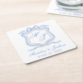 Watercolor Designer Blue Monogram Vapensköld Bröll Underlägg Papper Kvadrat