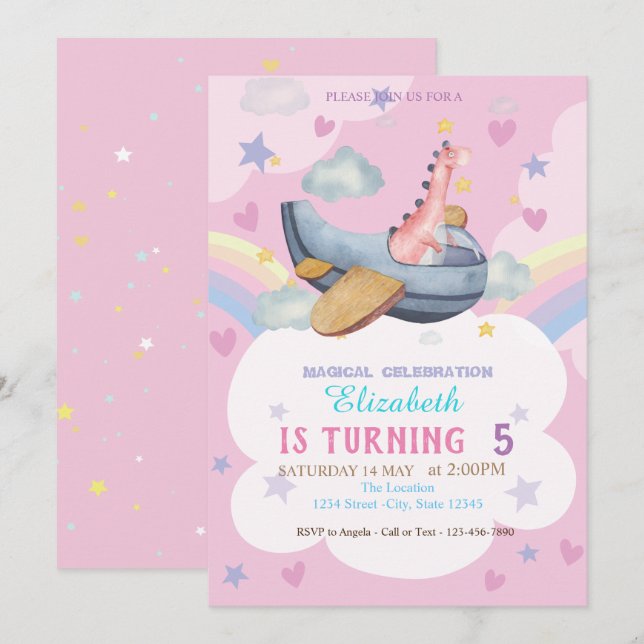 Watercolor Dino Airplan Rainbow Birthday Inbjudningar (Fram/baksida)