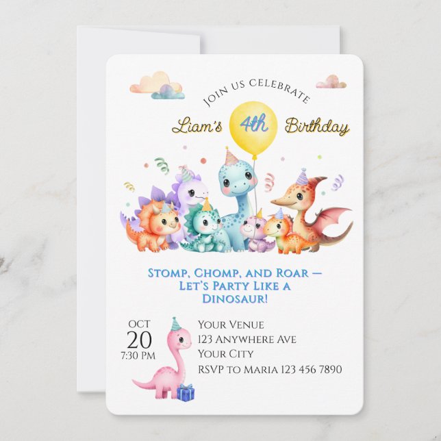 Watercolor Dino Birthday Party Inbjudningar (Framsida)