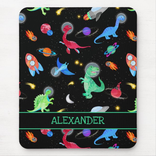 Watercolor Dinosaur Astronauts In Space Black Musmatta (Framsidan)