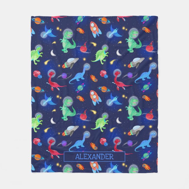 Watercolor Dinosaur Astronauts In Space Blue Fleecefilt (Framsidan)