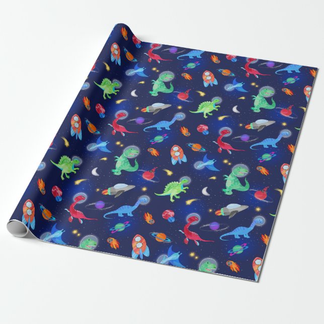 Watercolor Dinosaur Astronauts In Space Blue Presentpapper (Utrullad)