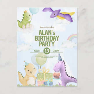 Watercolor Dinosaur Birthday Invites Postcard Vykort