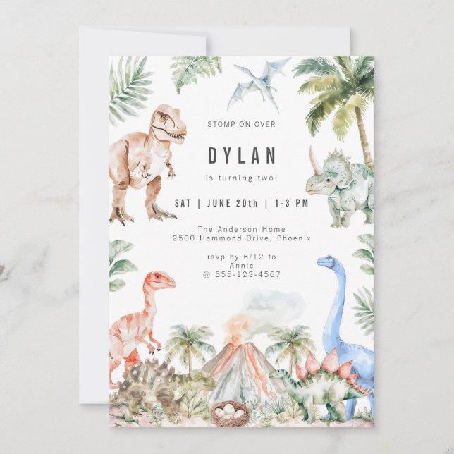 Watercolor Dinosaur Kids Birthday Party Invitation Inbjudningar (Framsida)