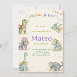 Watercolor Dinosaur Superhero Birthday Inbjudningar