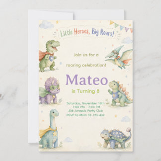 Watercolor Dinosaur Superhero Birthday Inbjudningar