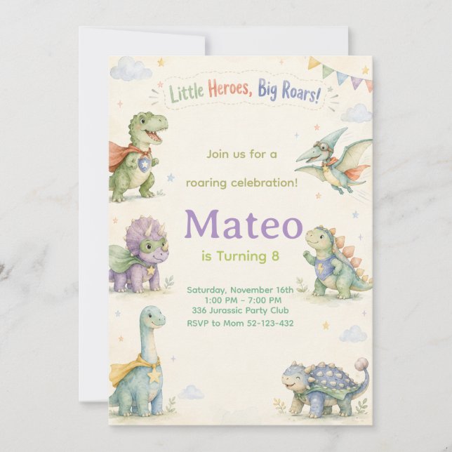 Watercolor Dinosaur Superhero Birthday Inbjudningar (Framsida)