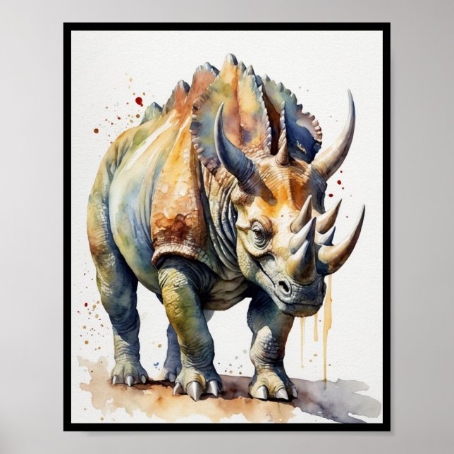 Watercolor Dinosaur Triceratops Ceratopsian Poster (Framsidan)