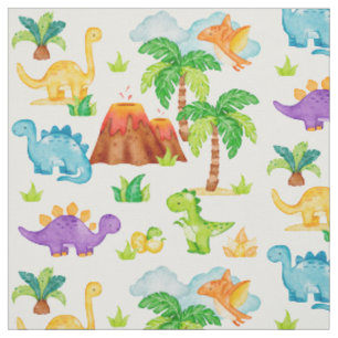Watercolor Dinosaur Volcano Handflatan Träd Kids B Tyg