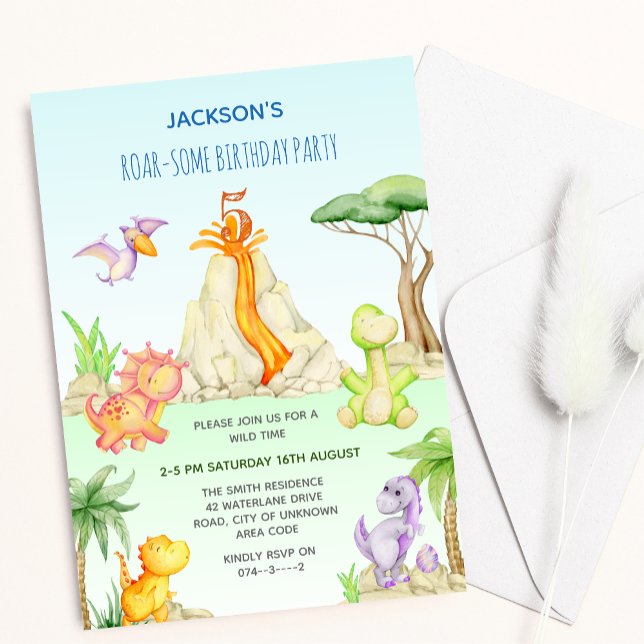 Watercolor Dinosaur Volcano Theme Barns födelsedag Inbjudningar (Skapare uppladdad)