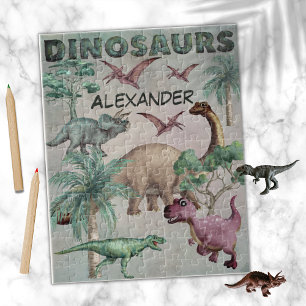 Watercolor Dinosaurs T-Rex Dinos Boys Namn Pussel