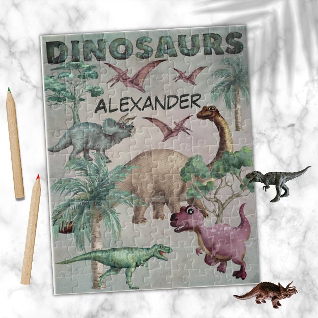 Watercolor Dinosaurs T-Rex Dinos Boys Namn Pussel (Skapare uppladdad)