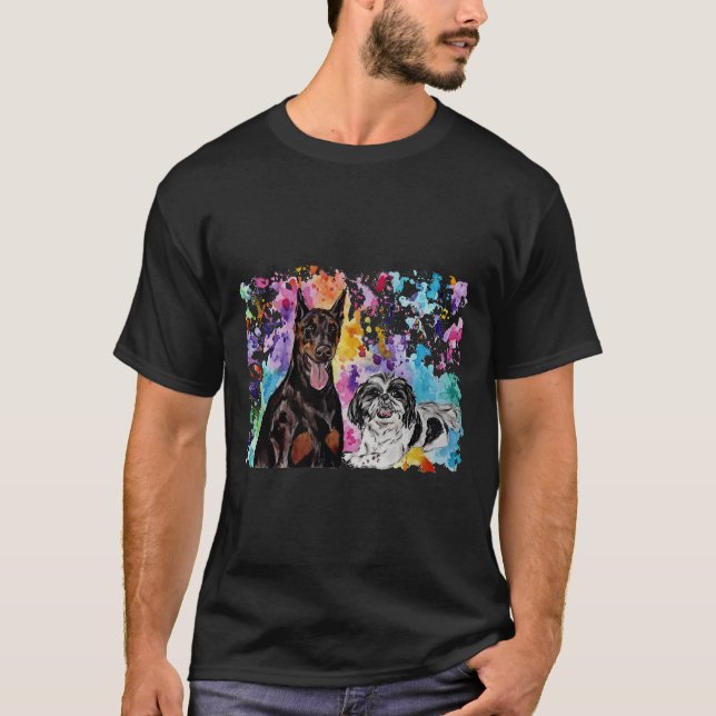 Watercolor Doberman och Shih Tzu T Shirt (Framsida)