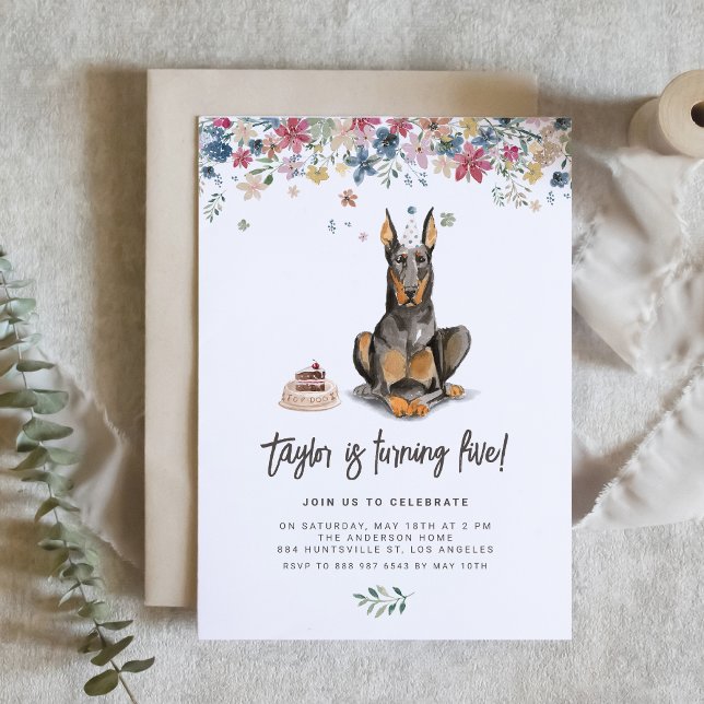 Watercolor Doberman Pinscher Hund Birthday Inbjudningar (Celebrate your furry friend’s special day with our charming Dobermann dog birthday invitation.)