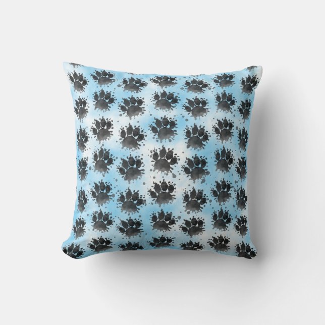 Watercolor Dog Paw Print Black White and Blue  Kudde (Framsida)
