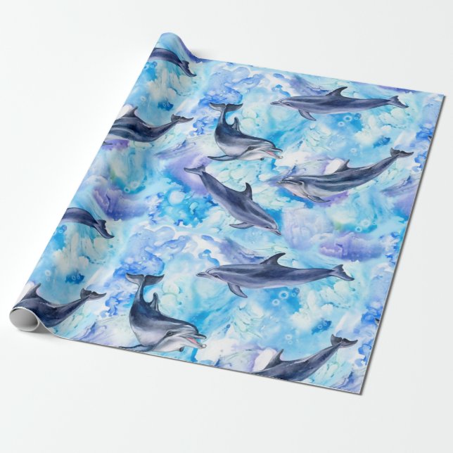 watercolor dolphin fish seamless pattern presentpapper (Utrullad)